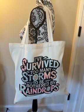 Canvas Tote Bag with Inspirational Raindrops Graphic - Cream New